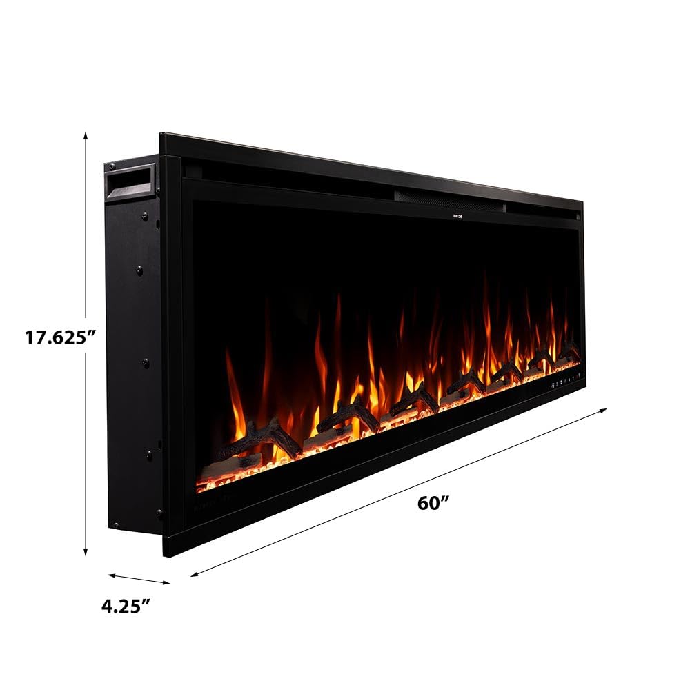 Modern Ember Aerus Slim 60 Inch Smart Linear Electric Fireplace | Recessed in-Wall or Wall-Mount | LED Multiple Flame Colors | Works with Wi-Fi App, Alexa, Google | 4.25” Profile | Remote Included