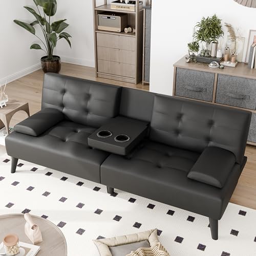 JAMFLY Futon Sofa Bed, Modern Convertible Folding Loveseat - Multi-Functional Recliner with 3-Angle Adjustment, Detachable Armrests with Cup Holders - Ideal for Small Spaces, Black Leather JAMFLY