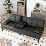 JAMFLY Futon Sofa Bed, Modern Convertible Folding Loveseat - Multi-Functional Recliner with 3-Angle Adjustment, Detachable Armrests with Cup Holders - Ideal for Small Spaces, Black Leather JAMFLY