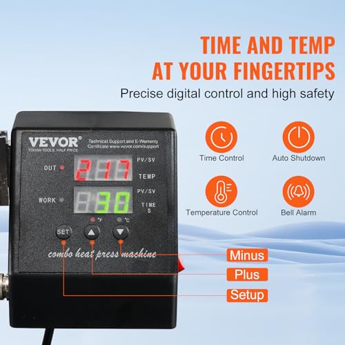 VEVOR 15x15 Heat Press & Hat Heat Press 2 in 1 Machine, Digital Temp&Timer Control, Heat Up Fast & Even - Cap & Shirt Press Combo Machine for Most Hats, T Shirt, Cap, Pillow, Bag, Pad, Hoodie - WoodArtSupply