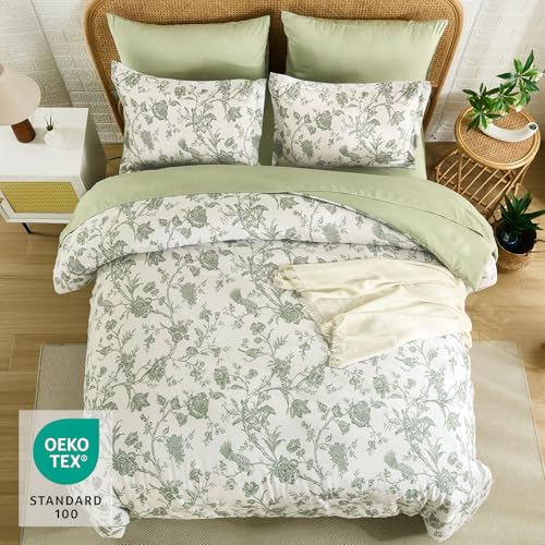 Luxudecor Floral King Comforter Set 7 Pieces Bed in a Bag, Sage Green Flower with Bird Bedding Set, Soft Reversible Comforter with Sheet Set 104"x90" Luxudecor