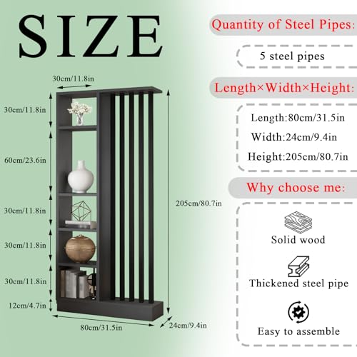 Wall Room Divider - Freestanding Wood Room Divider with Shelves, Wall Divider with Storage Cabinet, Easy Assembly Freestanding Decor for Bedroom, Office (Grey+Black, 31.5IN) Horseo