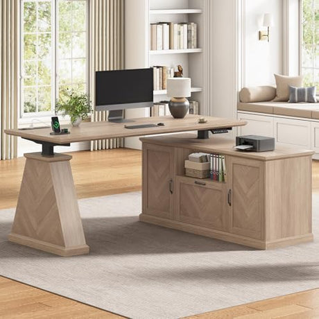 Farmhouse L Shaped Electric Standing Desk with Power Outlet & 2 Storage Cabinets, 55.1" x 47.2" Height Adjustable Office Executive Desk with File Drawer & Shelf, Large Business Computer Desks, Natural ANGRYWIN