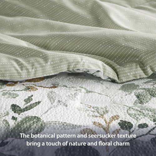 Regency Heights Lightweight Seersucker Botanical Comforter Set Queen Size, 3 Pieces Reversible Design with Striped Print, Premium Microfiber Bedding Set, Comforter and Sham Set, Green Regency Heights