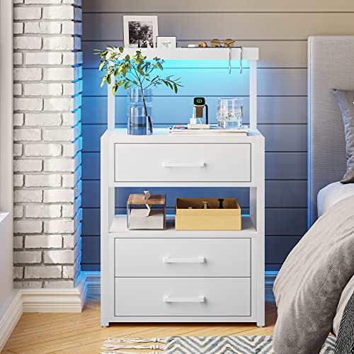 Nightstand with Charging Station and LED Lights, LED Night Stand with 2 USB Ports and 2 AC Outlets, Modern End Table with 3 Drawers, Bedside Table with Open Storage for Bedroom, White AOGLLATI