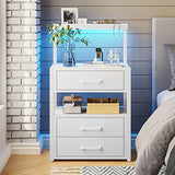 Nightstand with Charging Station and LED Lights, LED Night Stand with 2 USB Ports and 2 AC Outlets, Modern End Table with 3 Drawers, Bedside Table with Open Storage for Bedroom, White AOGLLATI