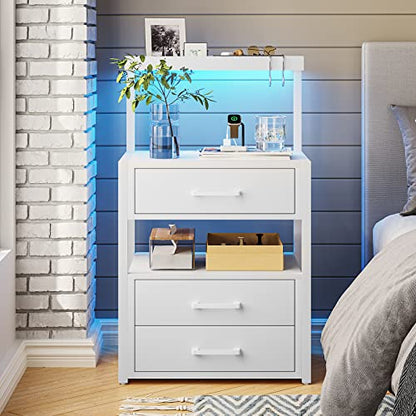 Nightstand with Charging Station and LED Lights, LED Night Stand with 2 USB Ports and 2 AC Outlets, Modern End Table with 3 Drawers, Bedside Table with Open Storage for Bedroom, White - WoodArtSupply