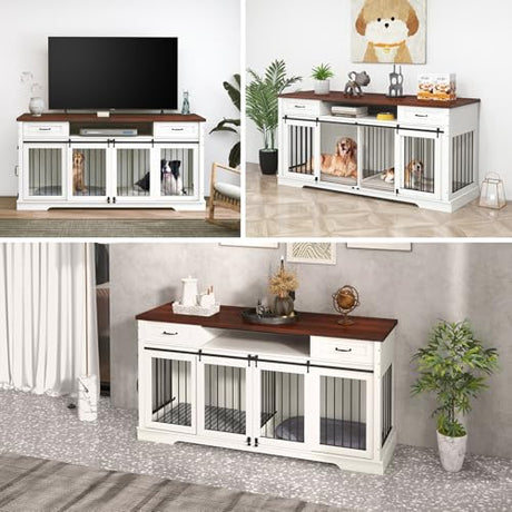 Livofloral 71”Double Dog Crate Furniture for 2 Dogs, Heavy Duty Dogs Kennel Furniture with Removable Divider & Drawers, End Table Dog Crate with Sliding Barn Doors, Extra Large TV Stand, White Brown Livofloral