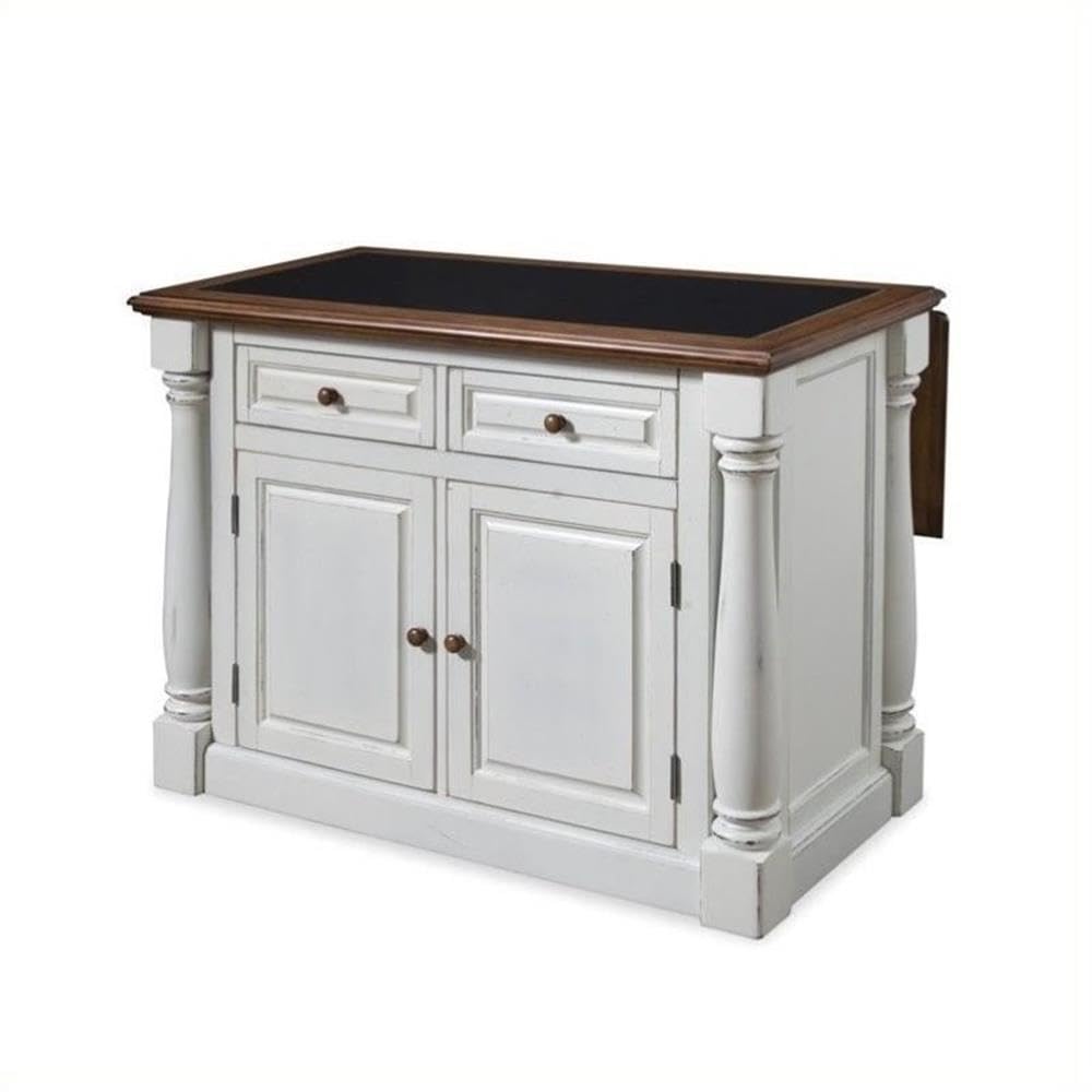 Pemberly Row Farmhouse Wood Kitchen Island with Granite Top in Antique White Pemberly Row
