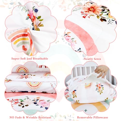 Toddler Bedding Sets for Girls, Rainbow Toddler Crib Bedding Set 4 Piece Pink Floral Toddler Comforter Set Includes Flat Top Sheet, Fitted Sheet, Comforter, Envelope Pillowcase, Soft & Comfort Pea Pod