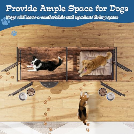 Grepatio 63" Dog Crate Furniture for 2 Dogs, Large Dog Kennel with 360° Rotating Feeder Bowls, Indoor Double Dogs Crates with 4 Doors, Wooden Crate TV Stand with Removable Divider Grepatio