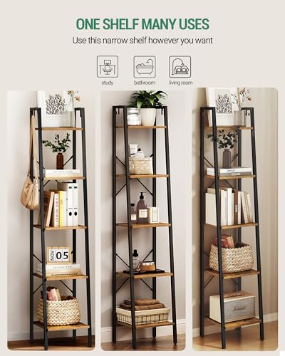 Hzuaneri 5-Tier Industrial Ladder Shelf in Rustic Brown with Hooks for Versatile Home Storage - WoodArtSupply