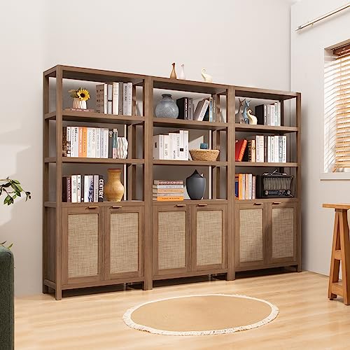 SICOTAS 5-Tier Rattan Boho Bookshelf with Doors - Tall Oak Bookcase for Stylish Storage SICOTAS