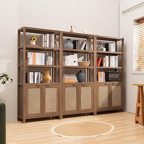 SICOTAS 5-Tier Rattan Boho Bookshelf with Doors - Tall Oak Bookcase for Stylish Storage SICOTAS