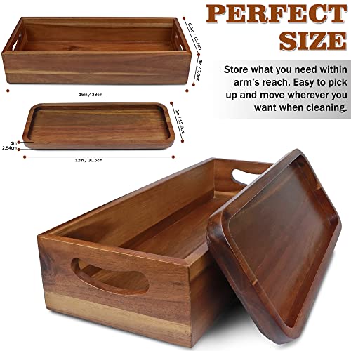 Handcrafted Acacia Wood Toilet Tank Basket Topper & Vanity Tray Set by Demigo - WoodArtSupply