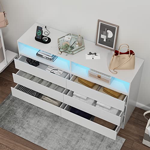 Gyfimoie 6 Drawer Double Dresser with Power Outlet, Accent Chests of Drawers with LED Light, Modern White Storage Dresser with Charging Station (Mirror Not Included) - WoodArtSupply