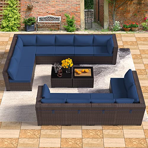 RTDTD Outdoor Patio Furniture Set, 14 Pieces Outdoor Furniture All Weather Patio Sectional Sofa PE Wicker Modular Conversation Sets with Coffee Table,12 Chairs & Seat Clips(Dark Blue) - WoodArtSupply