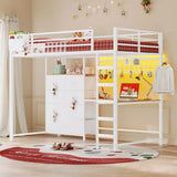 Twin Loft Bed with L-Shaped Desk, 7 Storage Drawers, Metal Loft Bed Twin Size with LED Lights and Charging Station, Storage Shelf and Pegboard, Safety Guardrail and Ladder, No Box Spring Needed, White mojiasion