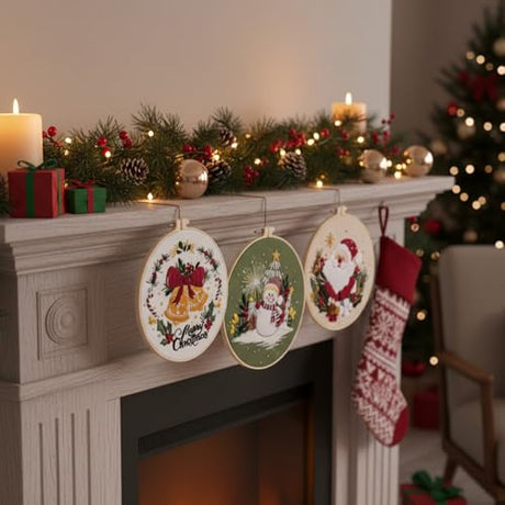 Nalexmi 3 Sets Christmas Embroidery Kits for Adults and Beginners, Cross Stitch with (Snowman, Santa Claus, Jingle Bell Patterns) Includes Needles, Threads, Tools Nalexmi