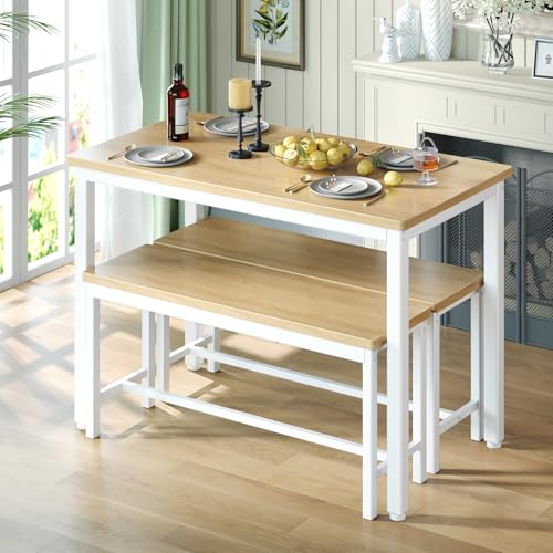 Tatub Dining Table Set for 4, 3-Piece Kitchen Table with 2 Benches, Space-Saving Dining Room Table Set for Breakfast Nook and Small Spaces, Original Tatub