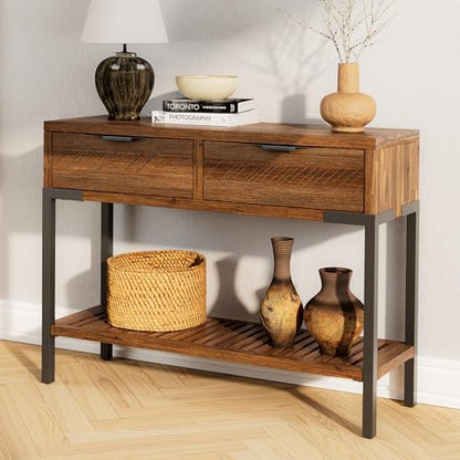 Bme Millie 2 Drawers Industrial Style-Ideal for Entryway, Hallway, Living Room Easy Assembly, Console Table Rustic Chesnut