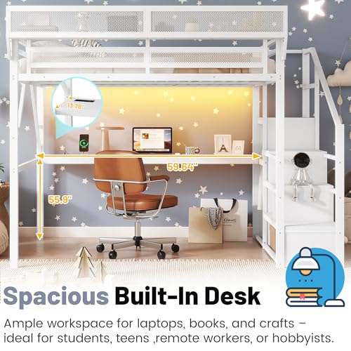 MoproBeti Queen Loft Bed with Desk and Stairs, Metal Lofts Bed Queen Size with Upper Storage Shelf, Gaming LoftBed with LED, Charging Station and Wardrobe for Teens, Adults,White MoproBeti