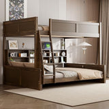 Merax Wooden Bunk Beds Full XL Over Queen for Teens Adults, Farmhouse Full XL Over Queen Low Bunk Bed with Storage Shelves and Charging Station and Inclined Ladder for Dormitory, Wood Merax