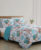 VCNY Home Blue Quilt for Queen Bed - 3-Piece Full or Queen Comforter Alternative, Bedspread Coverlet with Shams (Eiffel Paris Decor) VCNY Home