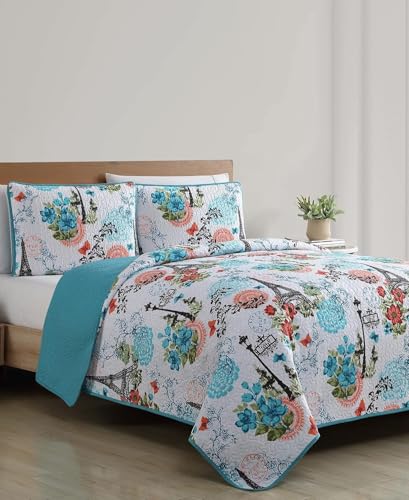 VCNY Home Blue Quilt for Queen Bed - 3-Piece Full or Queen Comforter Alternative, Bedspread Coverlet with Shams (Eiffel Paris Decor) VCNY Home