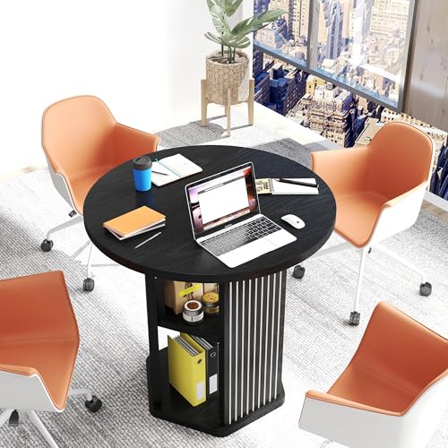ZONVEOKE Small Conference Table for 2-4 People, 31.5" Round Meeting Table with 2-Layer Storage Shelf for Space Saving, Mid-Century Modern Seminar Boardroom Desk for Office Conference Room ZONVEOKE
