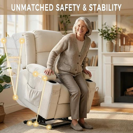 IKAKOS Heavy Duty Power Lift Recliner Chair for Elderly, 400lbs Capacity Massage and Heat Recliner, Soft Corduroy 160° Reclining Electric Stand Up Chair, USB & Type-C, Memory Foam, Cup Holders IKAKOS