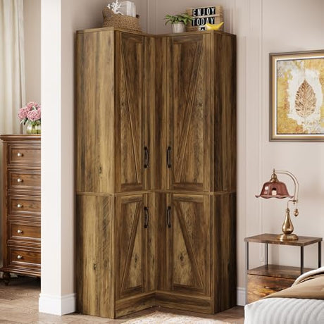 Tribesigns Corner Pantry Cabinet, 67" Tall Kitchen Pantry with Doors and 5-Tier Storage Shelves, Farmhouse Wooden Corner Bar Cabinet for Home, Living Room, Bar, Kitchen, Rustic Brown Tribesigns