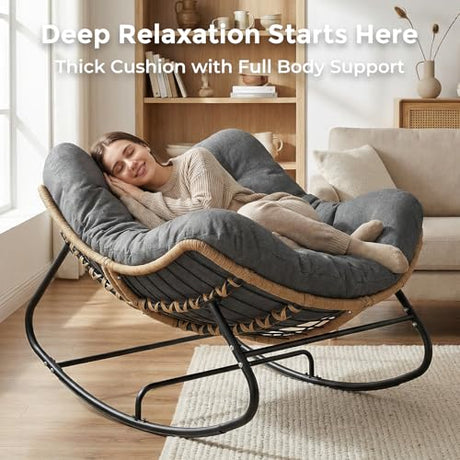 SWITTE Oversized Outdoor Papasan Rocking Chair, Wicker Egg Chair with Thick Cushion, Patio Lounge Rocker Bed for Indoor & Outdoor, Bedroom, Balcony, Porch, Garden, Dark Gray SWITTE