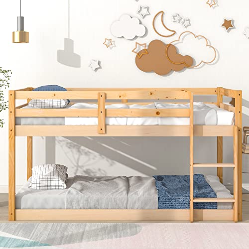 Lostcat Twin Over Twin Solid Wood Bunk Bed Frame with Ladder and Full-Length Guardrail - Easy Assembly in Natural Finish - WoodArtSupply