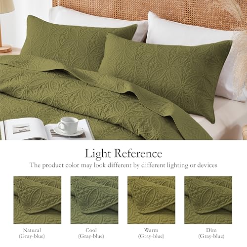 WURUIBO Full/Queen Quilt Set Olive Green, Microfiber Lightweight Bedspreads, Ultrasonic Embossed Solid Coverlet, Thin Bedding Set for All Season, Soft Breathable Bed Cover(1 Quilt, 2 Pillow Shams) WURUIBO