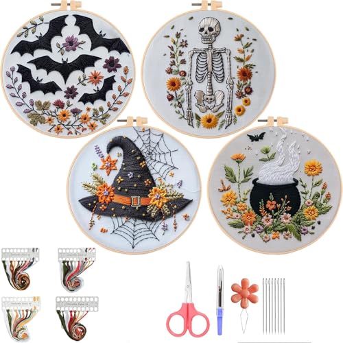 Fusionara Halloween Embroidery Kit, Halloween Cross Stitch Kit, 4 Set Gothic Embroidery Cross Stitch Kits for Beginners, Unisex, 6 Inch, Cross Stitch, Needlepoint, DIY, Craft Kit with Needles (4 Set)