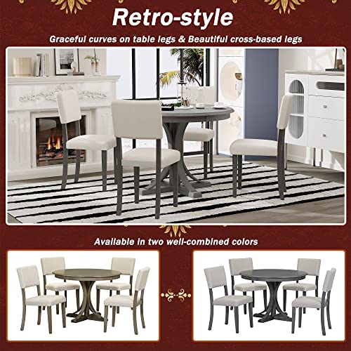 Merax 5-Piece Retro Round Dining Table Set with Curved Trestle Style Legs and 4 Upholstered Chairs, Kitchen Furniture, Dark Gray Merax