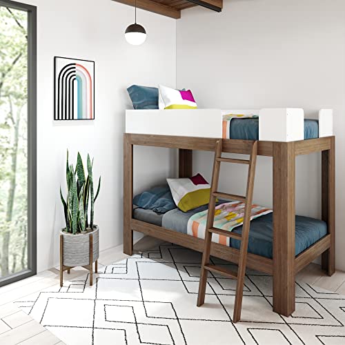 Max & Lily Mid-Century Modern Twin Over Twin Solid Wood Bunk Bed in Walnut/White Max & Lily