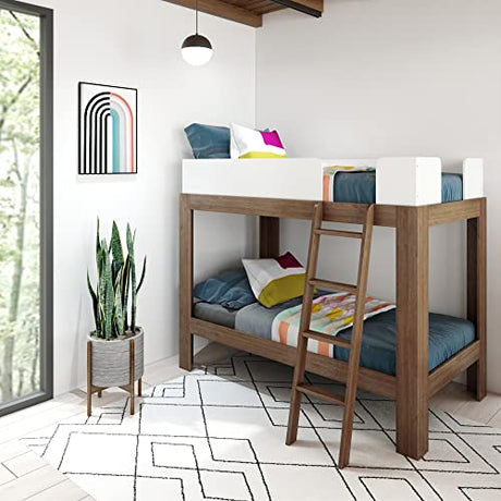 Max & Lily Mid-Century Modern Twin Over Twin Solid Wood Bunk Bed in Walnut/White Max & Lily