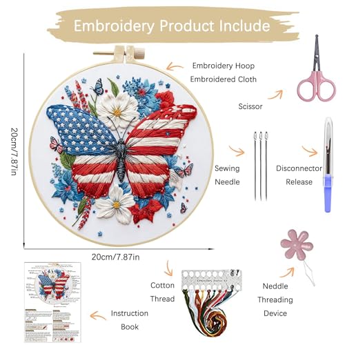 ARTopet Embroidery Kit for Beginners Cross Stitch Kits Independence Day Needlepoint Set for Craft Lover Hand Stitch with Threads 7.87in Hoop Fabric-Butterfly