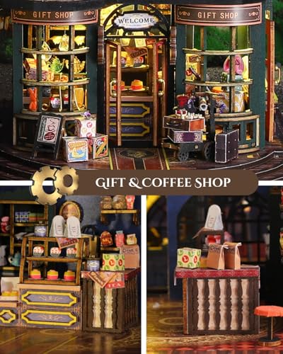 Merrifete Steampunk Train Station DIY Miniature House Kit – Victorian Fantasy Railtrack Phantom City Dollhouse Kit – Wood 3D Puzzles Tiny House Book Nook Christmas Halloween Birthday