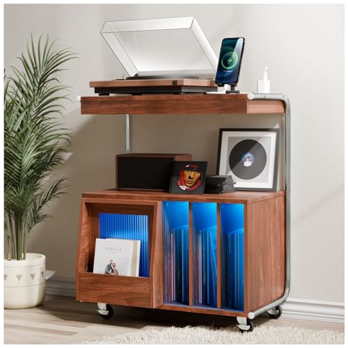 Large Record Player Stand with Sliding Door and Wheels,200 Vinyl Record Storage Cabinet, Record Player Table with Power Outlet & LED Light,Turntable Stand with Wood Legs for Living Room,Bedroom Loomie