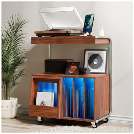 Large Record Player Stand with Sliding Door and Wheels,200 Vinyl Record Storage Cabinet, Record Player Table with Power Outlet & LED Light,Turntable Stand with Wood Legs for Living Room,Bedroom Loomie