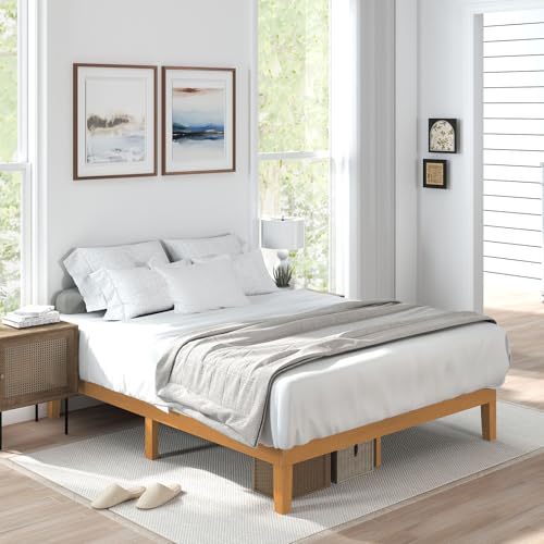 Sweetcrispy Solid Wood Bed Frame, Queen Size Bed Base with Wood Slat Support, Sturdy, Stylish & Noise-Free Design, No Box Spring Needed, Easy Assembly, 12 in Natural Pine Sweetcrispy