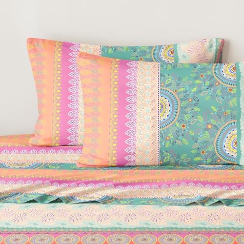 Wake In Cloud - Boho Bed Sheets, 4-Piece Sheet Set, Bohemian Chic Medallion Colorful Hippie Aesthetic Bedding, Deep Pocket, Orange Green, Queen Size Wake In Cloud