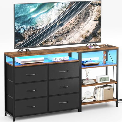 BTHFST TV Stand Dresser Bedroom for 60 Inch TV with LED Lights & Charging Station, Changable L Shape Corner TV Stand, 6 PU Drawers, 3 Open Shelves Entertainment Center (Rustic Brown and Black)