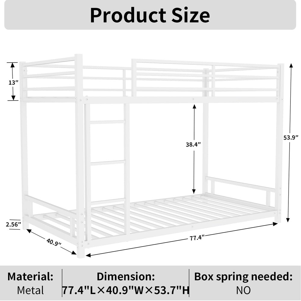 QSOSTNS Twin Over Twin Bunk Bed, Metal Low Profile Bunkbed with Side Ladder, Heavy-Duty Sturdy Metal, Noise Reduced, Safety Guardrail, No Box Spring Needed (White)