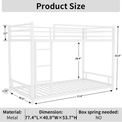 QSOSTNS Twin Over Twin Bunk Bed, Metal Low Profile Bunkbed with Side Ladder, Heavy-Duty Sturdy Metal, Noise Reduced, Safety Guardrail, No Box Spring Needed (White)