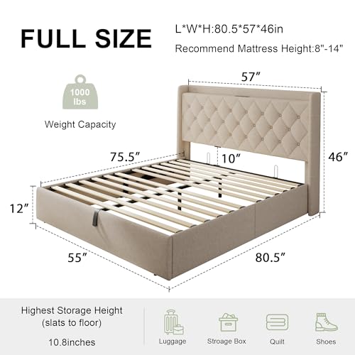 Feonase Full Size Bed Frame with Storage & Charging Station - Hydraulic Lift Up Platform Bed, Upholstered Button Tufted Headboard, Sturdy Wooden Slats, Noise-Free, No Box Spring Needed,Beige Feonase