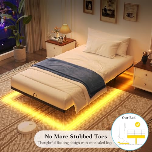 Awesofurni Floating Bed Frame Twin Size, Twin Bed Frame with Smart LED Lights, Heavy Duty Modern Metal Platform Bed No Box Spring Needed - Easy Assembly and Noise Free Awesofurni